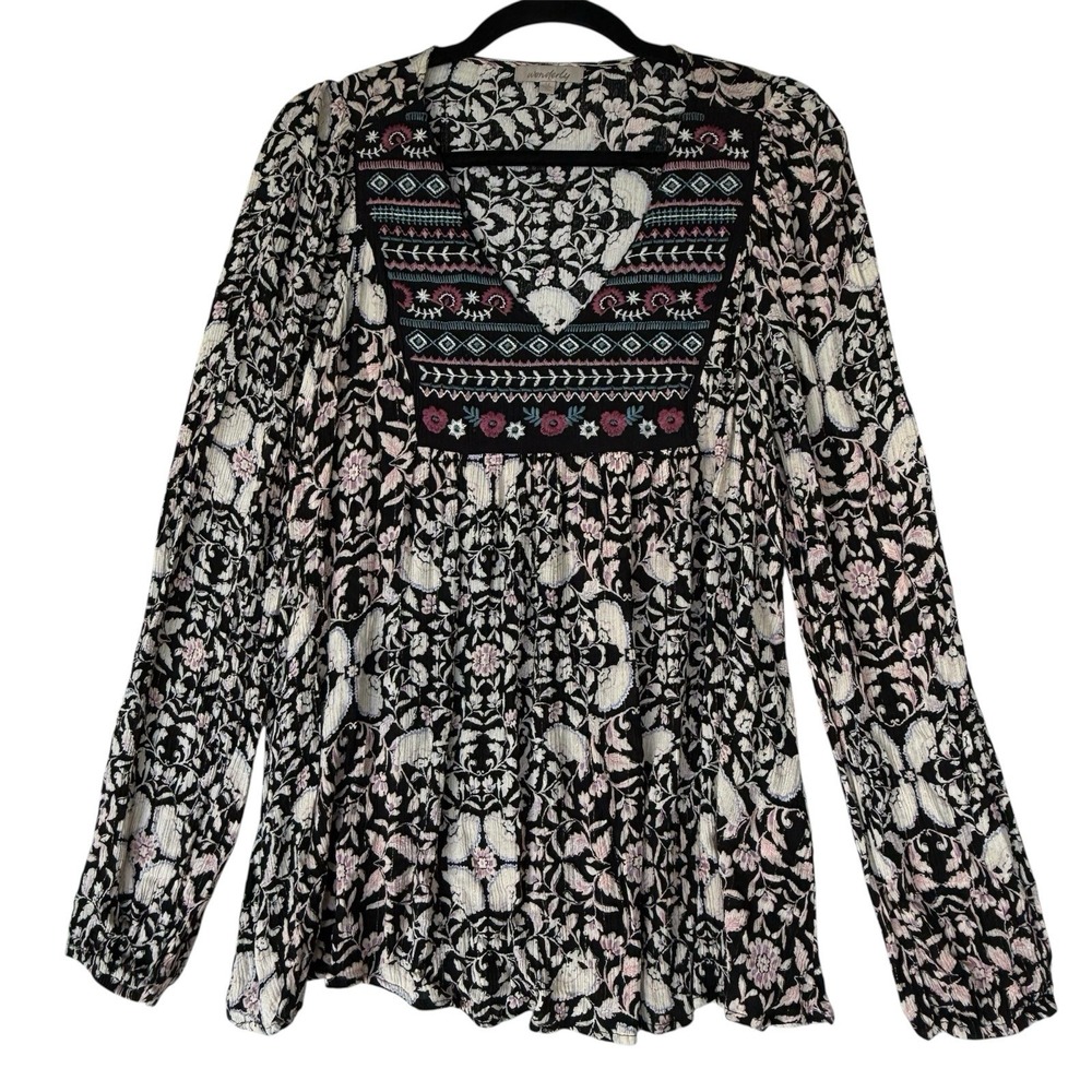 Wonderly Shirt Womens M Black Boho Cottagecore Peasant Festival Coastal‎ Cowgirl